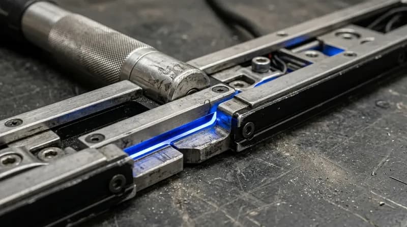 A workshop bench where two matching tool rails meet end to end, one rail's tools seated in the other's empty stations, blue light along the join.