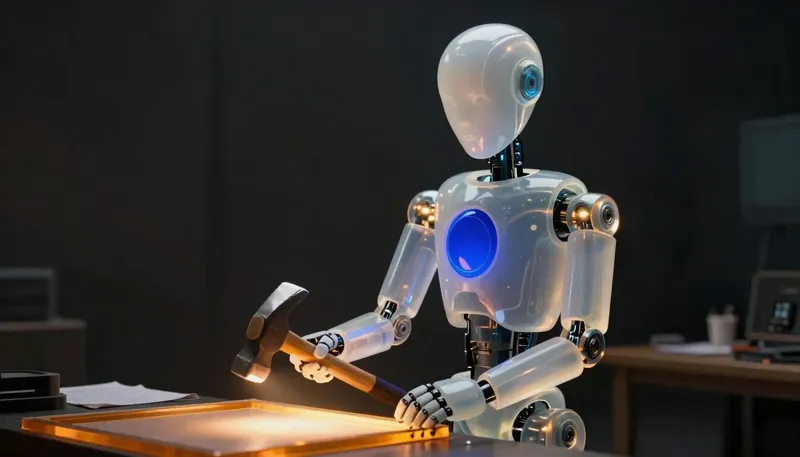 A faceless glass automaton reinforces a seam on a glowing frame at a bench, past a now-dark spotlight rig.