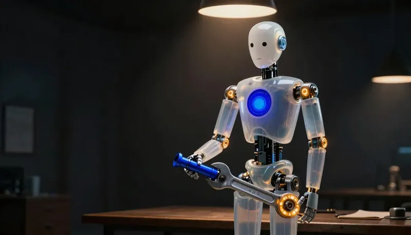 A faceless glass automaton fits a flexible glowing joint at a bench as a cobalt pipe on the far end shifts angle.