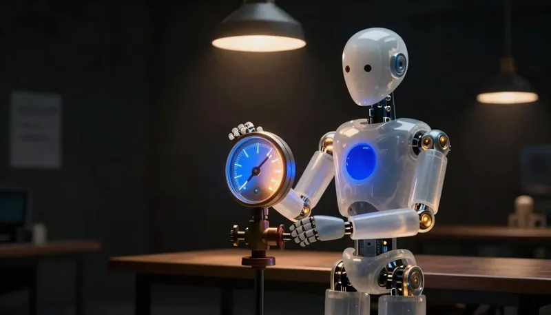 A faceless glass automaton balances a glowing dial against a cobalt cost meter at a bench, nudging a valve steady.