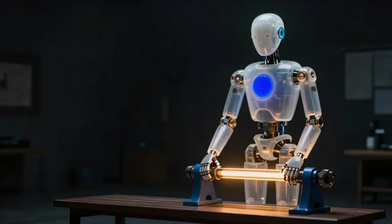 A faceless glass automaton braces a glowing support beam beneath a cobalt structure at a bench, working late.