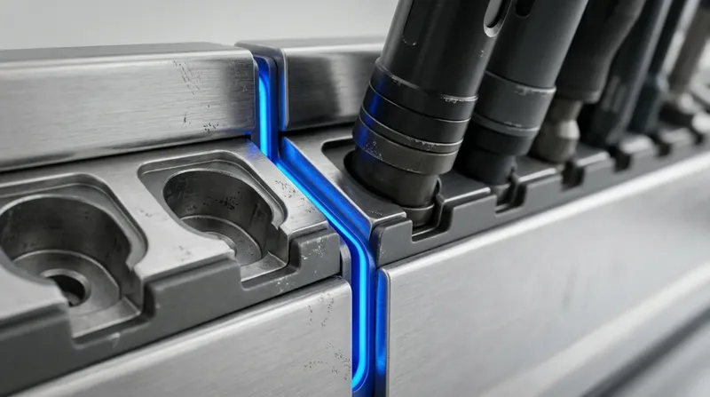 A workshop bench where two matching tool rails meet end to end, one rail's tools seated in the other's empty stations, blue light along the join.