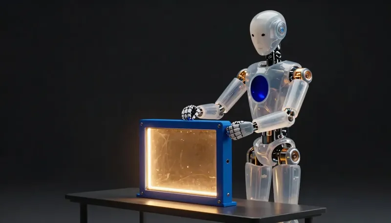A faceless glass automaton bolts a wider cobalt frame onto a straining glowing structure at a bench.