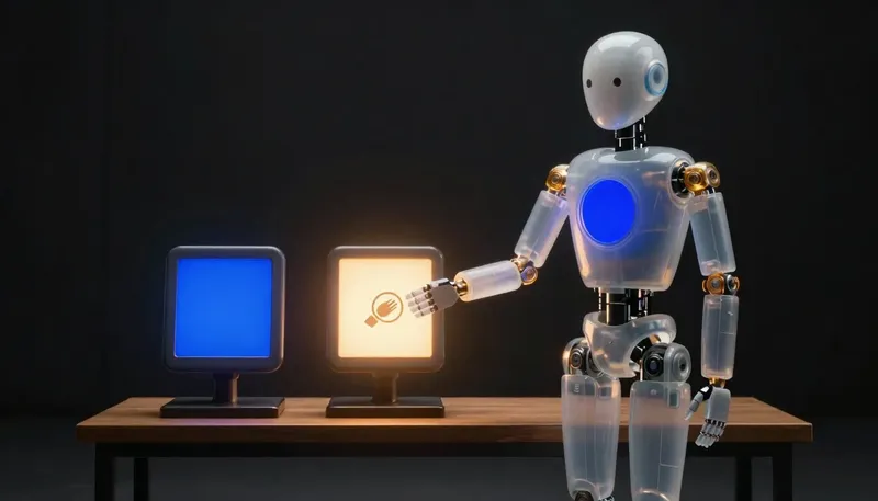 A faceless glass automaton stamps a handoff seal on a glowing conversation panel before it reaches a second cobalt panel.