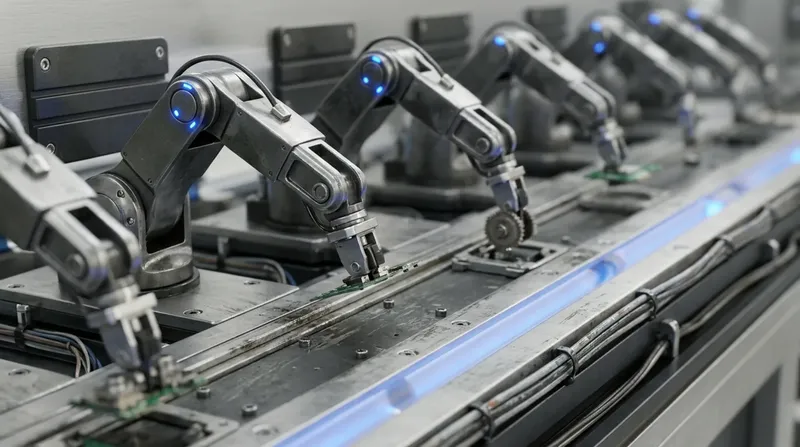 A row of small robotic pick-and-place arms over a shared work surface, each holding a part mid-motion, blue joint indicators.