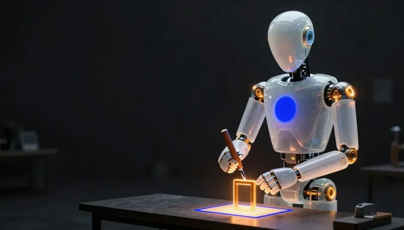 A faceless glass automaton carves a cobalt boundary around a glowing agent frame at a bench before fitting its first tool.