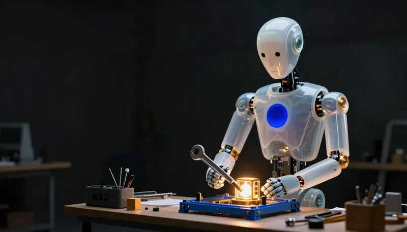 A faceless glass automaton fits a glowing component onto a cobalt frame at a bench under warm lamp light.