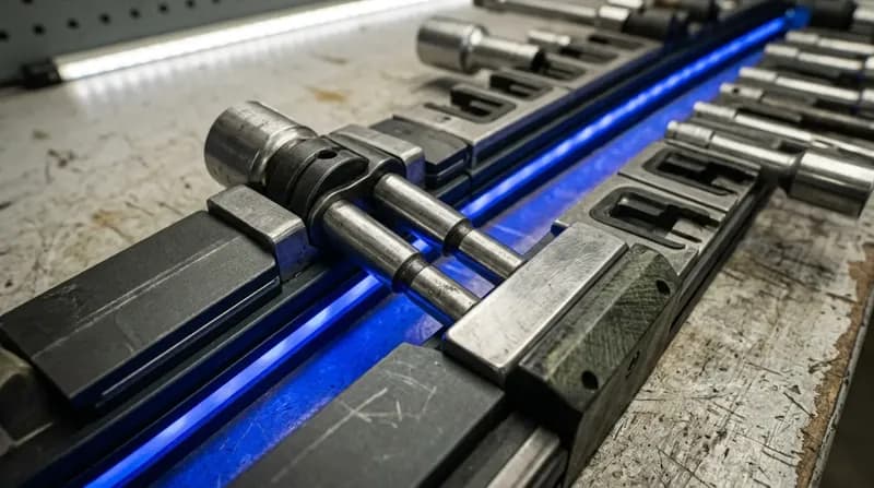 A workshop bench where two matching tool rails meet end to end, one rail's tools seated in the other's empty stations, blue light along the join.