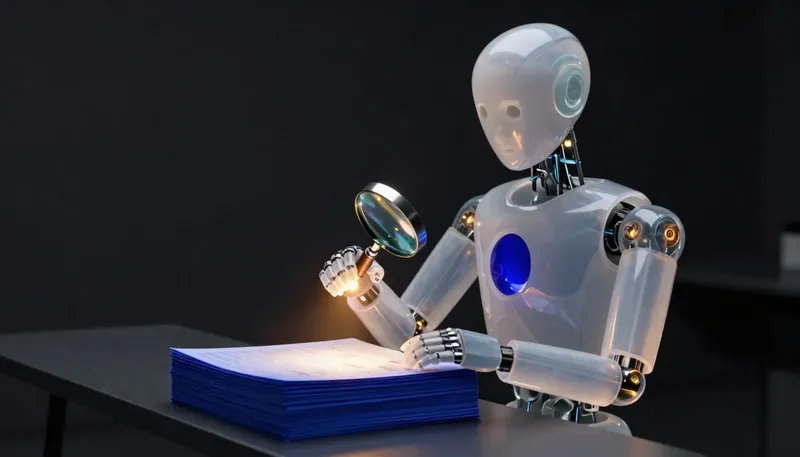 A faceless glass automaton checks a glowing number against a stack of matching cobalt ledger sheets at a bench.
