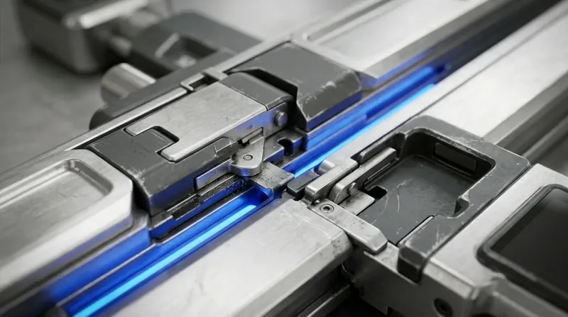 A workshop bench where two matching tool rails meet end to end, one rail's tools seated in the other's empty stations, blue light along the join.