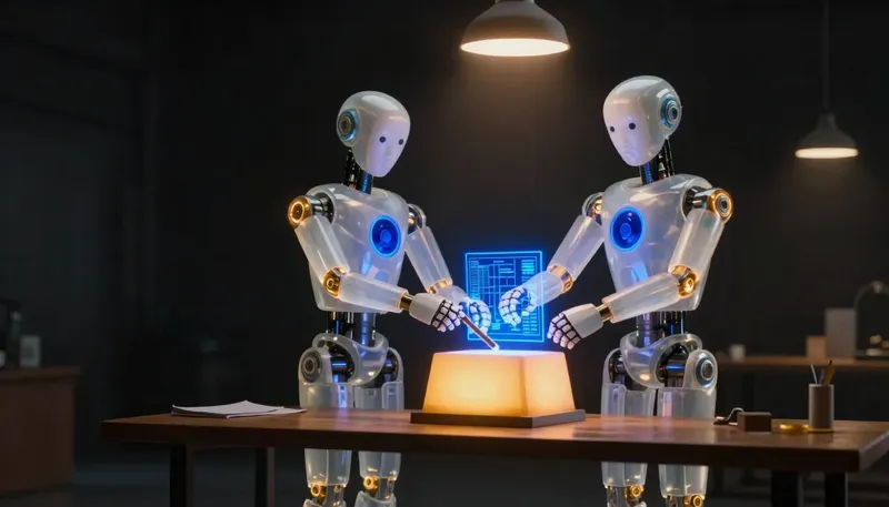Two identical automatons work together at a shared bench, passing a tool over a glowing structure they already know.