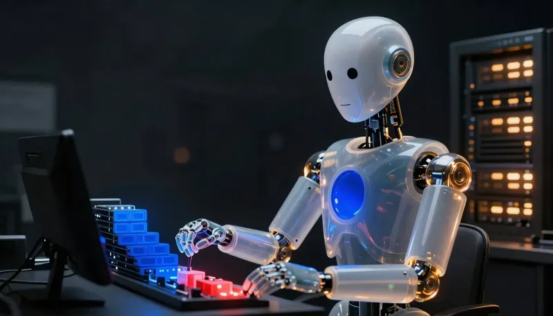 A faceless glass automaton operates a glowing pipeline console, moving blank deployment blocks through a cobalt routing gate lit by amber server-rack lights.