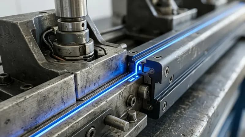 A workshop bench where two matching tool rails meet end to end, one rail's tools seated in the other's empty stations, blue light along the join.