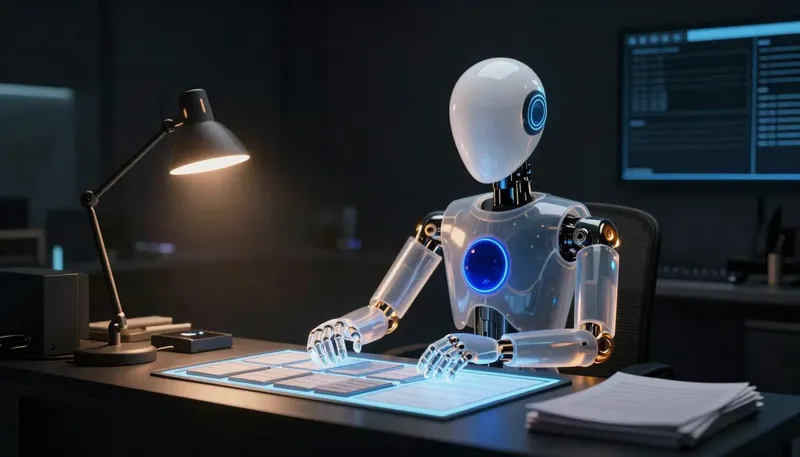A faceless glass automaton arranges glowing admin-panel data cards at a desk lit by an amber lamp.
