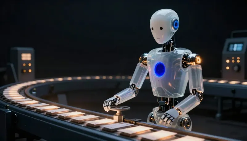 A faceless glass automaton regulates a fast-moving cobalt conveyor of glowing request packets beside amber gauge lights.