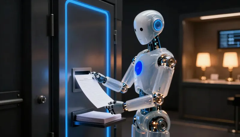 A faceless glass automaton feeds a glowing ledger sheet into a vault door beside amber-lit teller counters.