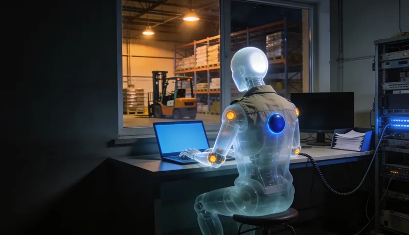 A ghost-glass automaton wearing a canvas work jacket, seen from behind, seated on a stool at a customer's own back-office desk inside a working warehouse at night, typing on a laptop whose blank screen glows cobalt-blue, a heavy cable running from the laptop into the customer's equipment rack, the customer's dark monitors and paper trays beside it, pallet racking and a forklift under warm amber work lights through the window.