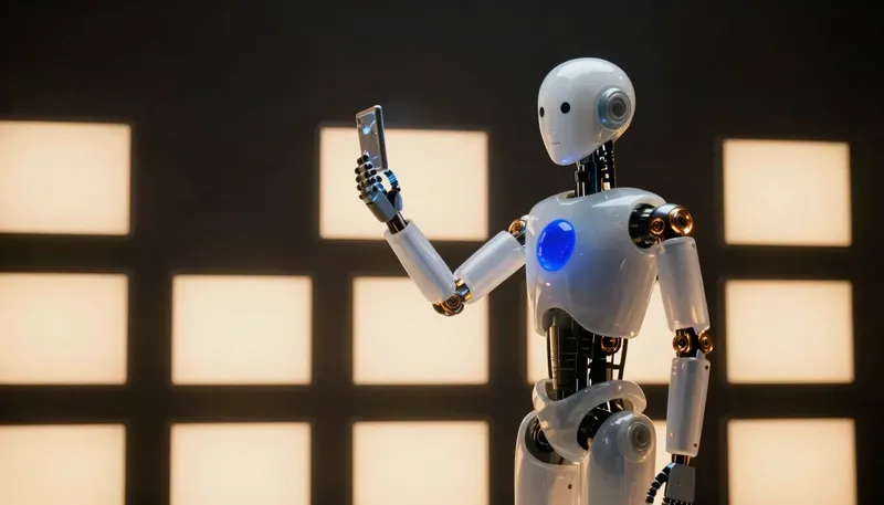 A faceless glass automaton checks a wall of blank glowing screens of different sizes under warm amber studio lights.