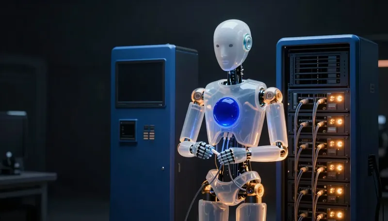 A faceless glass automaton connects a front-end screen station to a back-end server rack with a glowing cable running through its chest.