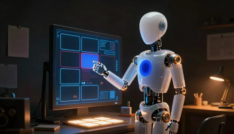 A faceless glass automaton catches a flawed generated shape at a glowing cobalt panel beside a tray of approved tiles.