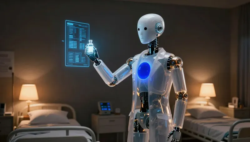 A faceless glass automaton in a white coat checks a glowing vial against a cobalt chart panel between amber-lit ward beds.