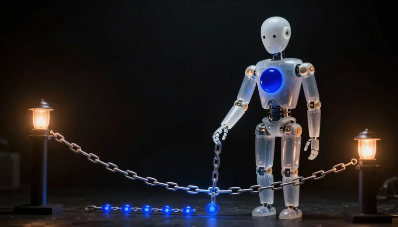 A faceless glass automaton removes a link from a glowing cobalt chain to shorten the path, lit by a warm amber lantern.