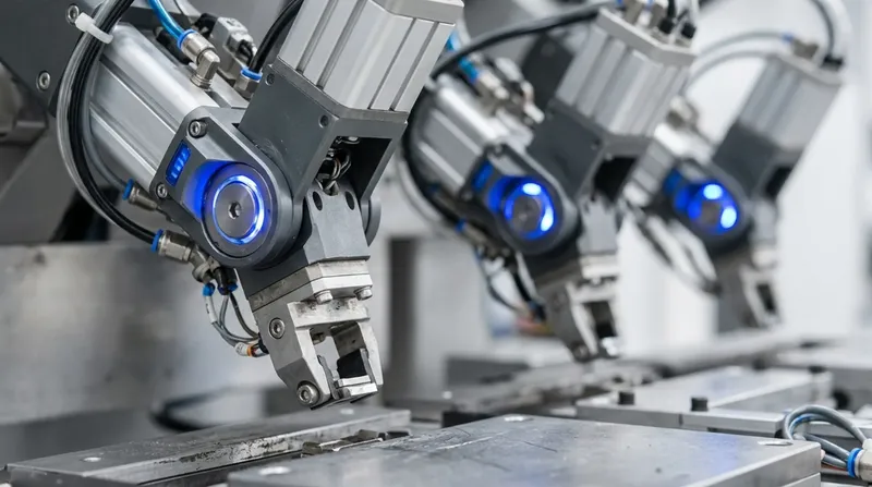 A row of small robotic pick-and-place arms over a shared work surface, each holding a part mid-motion, blue joint indicators.