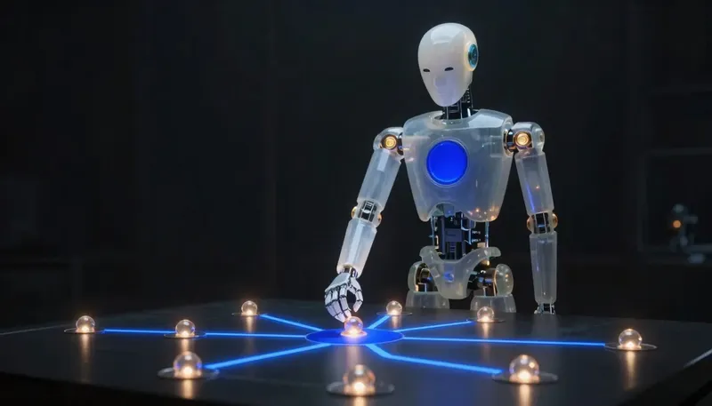 A faceless glass automaton places a glowing token on a branching cobalt graph laid out like a map.