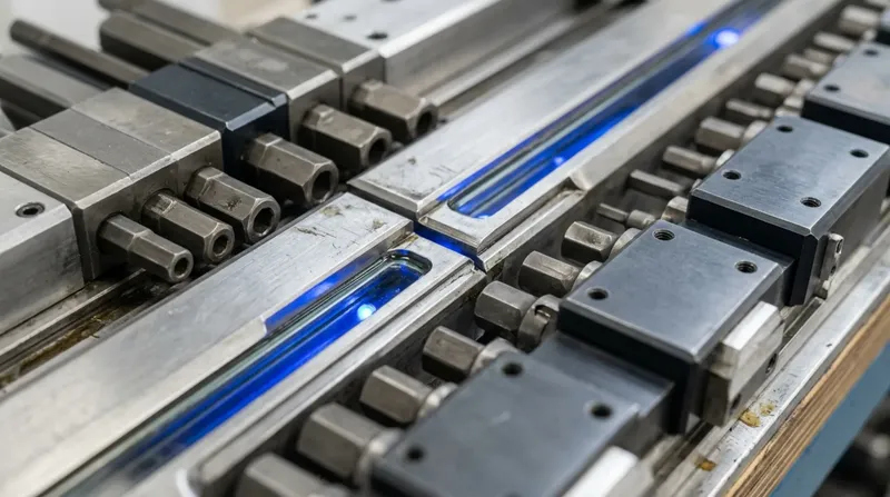 A workshop bench where two matching tool rails meet end to end, one rail's tools seated in the other's empty stations, blue light along the join.