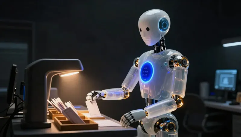 A faceless glass automaton checks and sorts glowing output cards at a bench past a cobalt prompt panel.