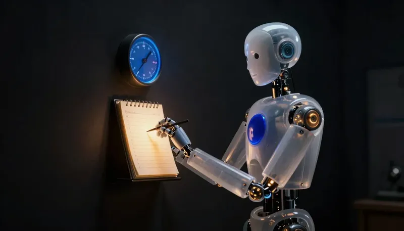 A faceless glass automaton monitors a glowing cobalt gauge and logs its drift under an amber lamp.