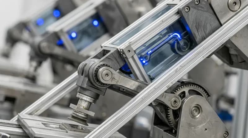 A row of small robotic pick-and-place arms over a shared work surface, each holding a part mid-motion, blue joint indicators.
