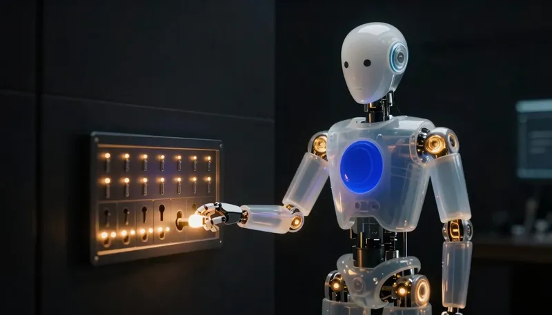 A faceless glass automaton fits a glowing tool plug into a socket on a cobalt panel beside an untouched keyhole shape.