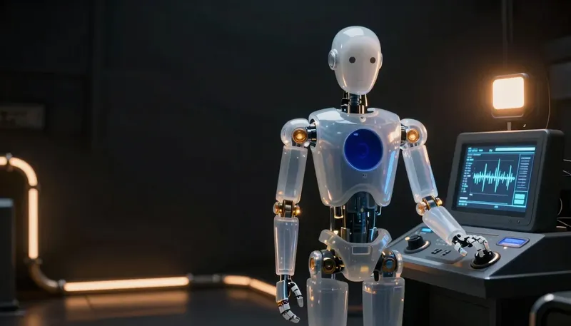 A faceless glass automaton steadies a wavering cobalt readout at a control panel lit by amber floor lights.