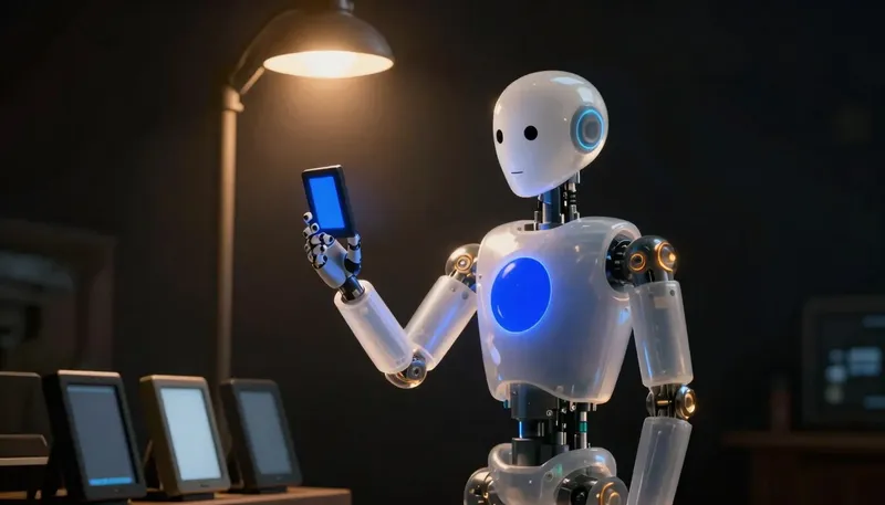A faceless glass automaton tests a glowing handheld screen under a street lamp beside a rack of other screens.