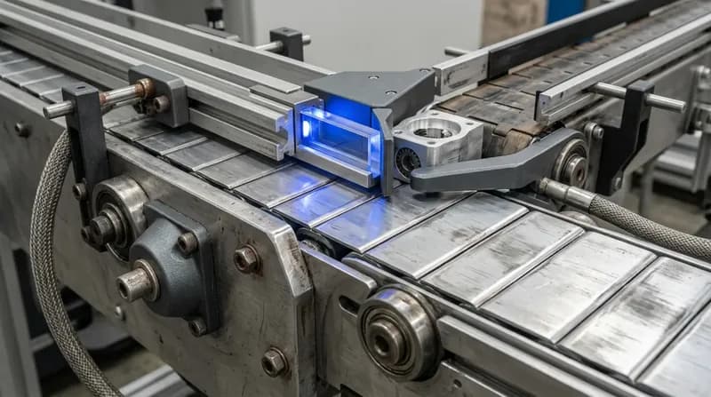 Two industrial conveyor lines merging at a single junction where a part transfers between them, blue transfer light.