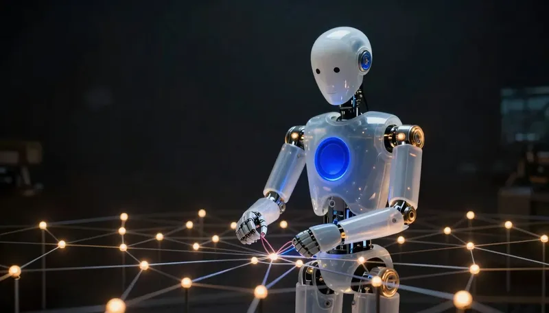 A faceless glass automaton ties off a connection in a glowing cobalt node web lit by blinking amber signal lights.