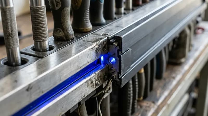 A workshop bench where two matching tool rails meet end to end, one rail's tools seated in the other's empty stations, blue light along the join.
