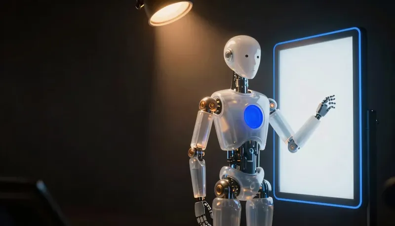 A faceless glass automaton adjusts a glowing cobalt page frame under an amber spotlight rig.