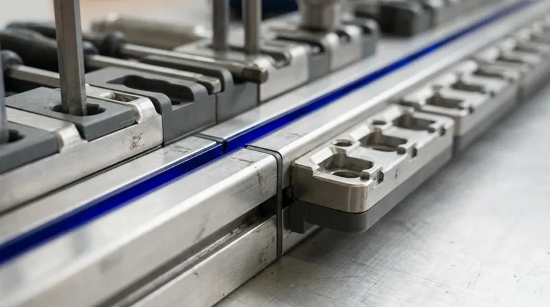A workshop bench where two matching tool rails meet end to end, one rail's tools seated in the other's empty stations, blue light along the join.