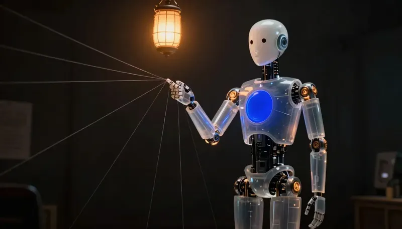 A faceless glass automaton pulls a slow thread taut at a glowing cobalt junction under an amber lantern.