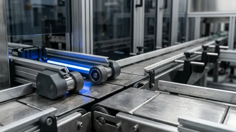 Two industrial conveyor lines merging at a single junction where a part transfers between them, blue transfer light.