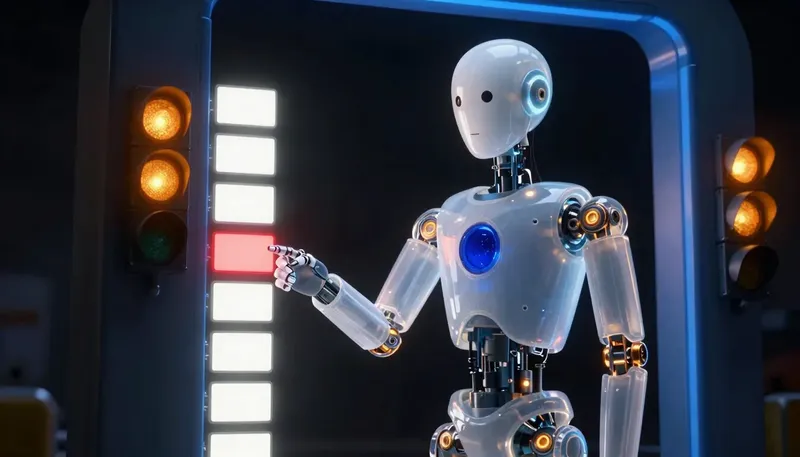 A faceless glass automaton catches a flickering request card at a glowing cobalt gateway arch lit by amber fixtures.
