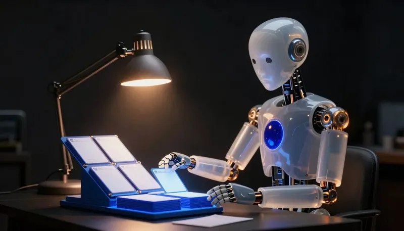 A faceless glass automaton rearranges hidden hinged panels behind a stack of glowing prompt cards at a lamp-lit bench.
