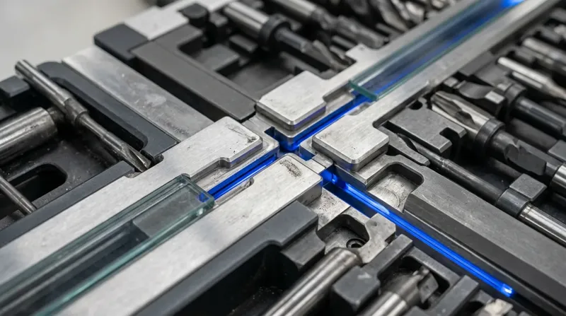A workshop bench where two matching tool rails meet end to end, one rail's tools seated in the other's empty stations, blue light along the join.