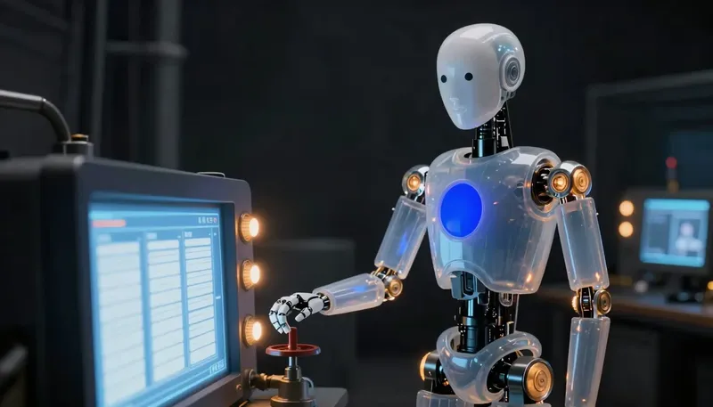 A faceless glass automaton tends a glowing cobalt processing chamber running a long queue of jobs, lit by amber dials.