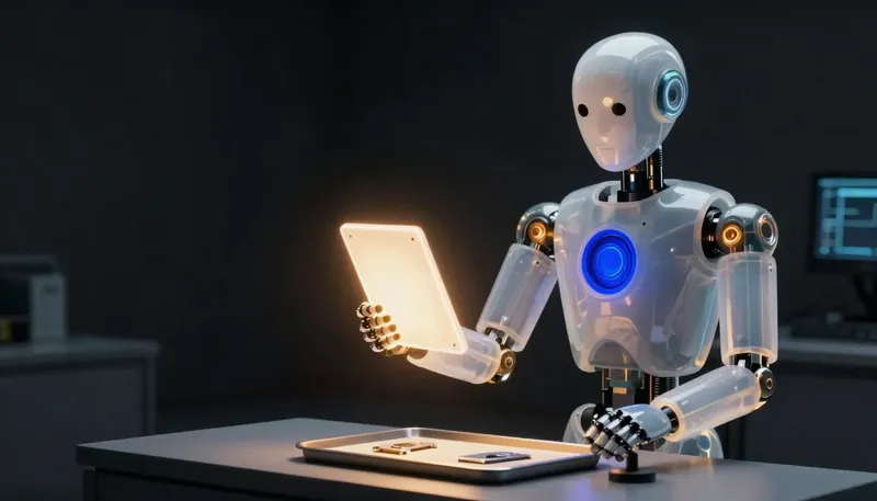 A faceless glass automaton inspects a glowing part at a lamp-lit table beside a tray of rejected parts.