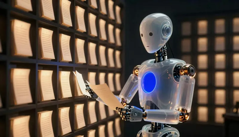 A faceless glass automaton pulls a glowing document from a tall cobalt archive wall lit by an amber reading lamp.