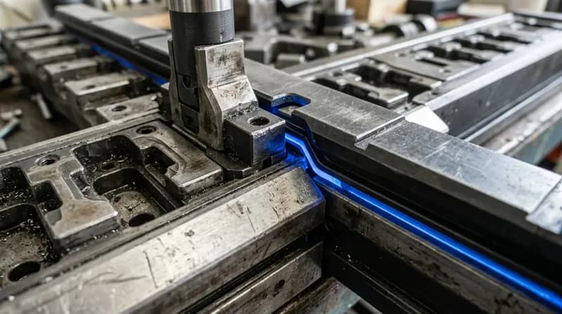 A workshop bench where two matching tool rails meet end to end, one rail's tools seated in the other's empty stations, blue light along the join.