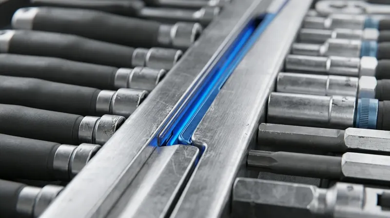 A workshop bench where two matching tool rails meet end to end, one rail's tools seated in the other's empty stations, blue light along the join.